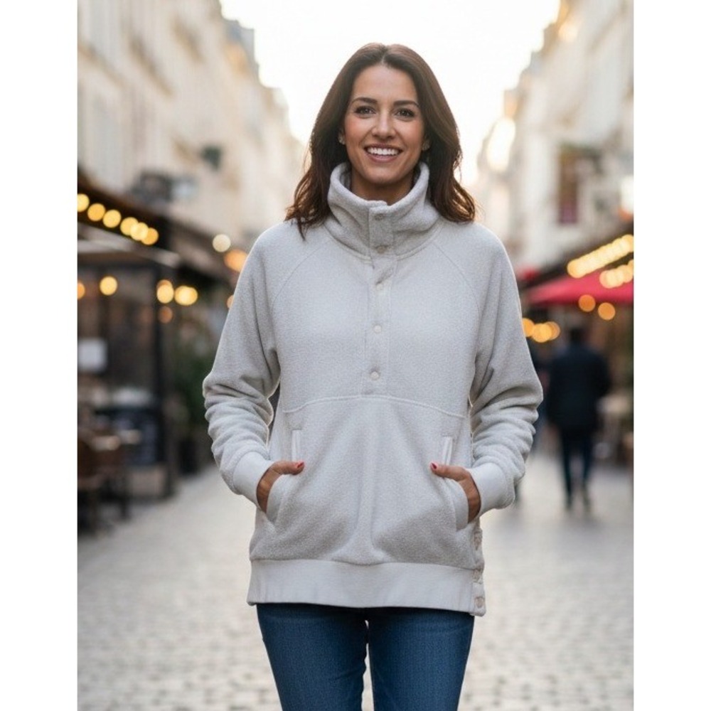 Athleta Fleece Snap Neck Pullover Sweatshirt Women's Size M Fuzzy Cream Winter